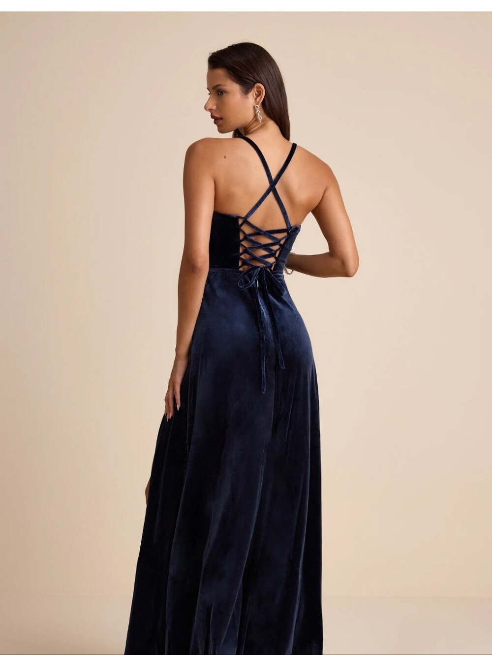 Extravagant Muse Dark Slate Velvet Lace-Up Bustier Maxi Dress - Picture 2 of 16